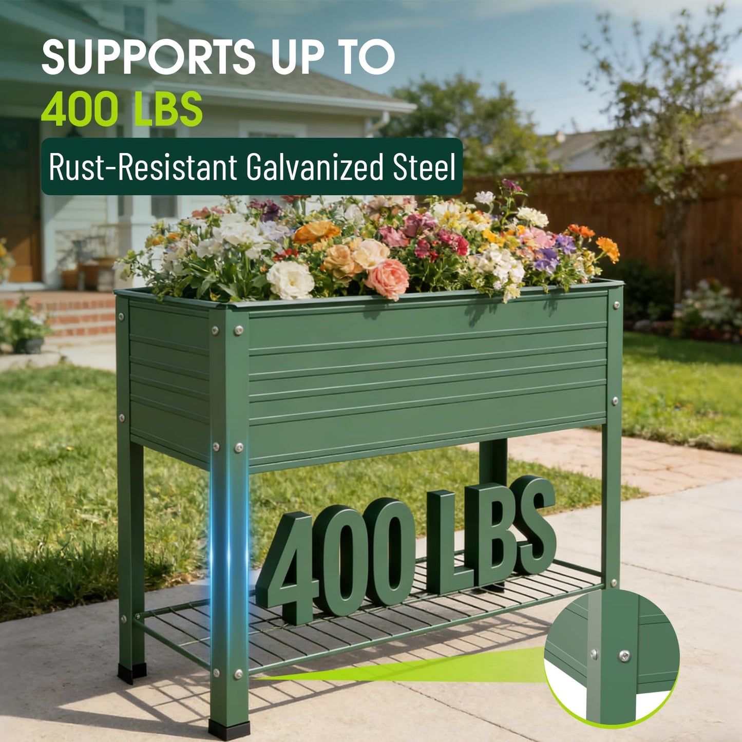 YKTEEDENS 2-Pack Raised Garden Beds - Galvanized Steel Planter Boxes, 400 lb Capacity, 5 Drainage Holes & 2 Flow Channels, Elevated Garden Bed with Mesh Bottom for Outdoor Gardening