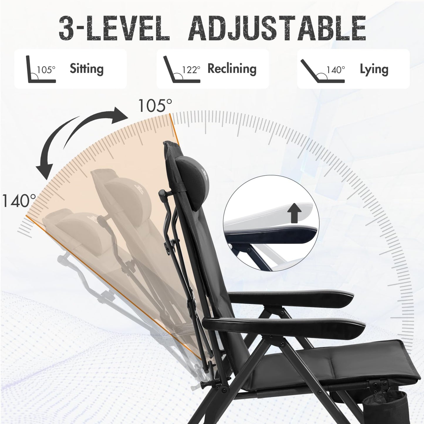 Portal Reclining Camping Chair with Adjustable Back Folding Camp Recliner for Adults Portable High Back Oversized, 350LBS (Black)