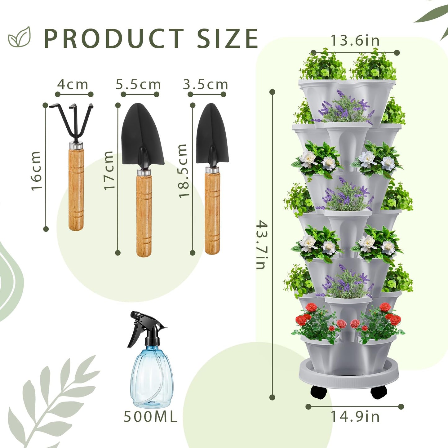 Umigy 2 Set Light Gray 7 Tier Stackable Vertical Planters with Removable Wheels and Tools Tower Planters Strawberry Herb Flower Vegetable Pots Indoor Outdoor Gardening Pots