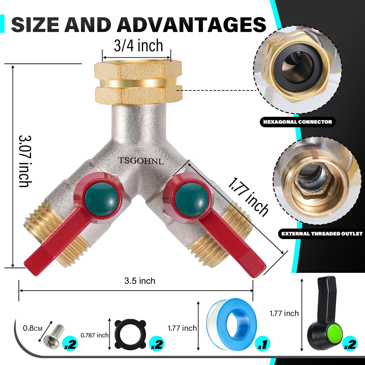Hose Splitter 2 Way, Y-Valve Water Spigot Splitter, High Flow Faucet Splitter, 3/4" GHT Thickened Hexagonal Water Inlet with 2 Garden Hose Coiled Spring Protectors and 2 More Extension Handles