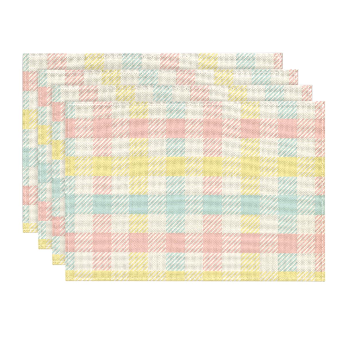 Artoid Mode Blue Pink Yellow Buffalo Plaid Placemats Set of 4, 12x18 Inch Seasonal Easter Table Mats for Party Kitchen Dining Decoration