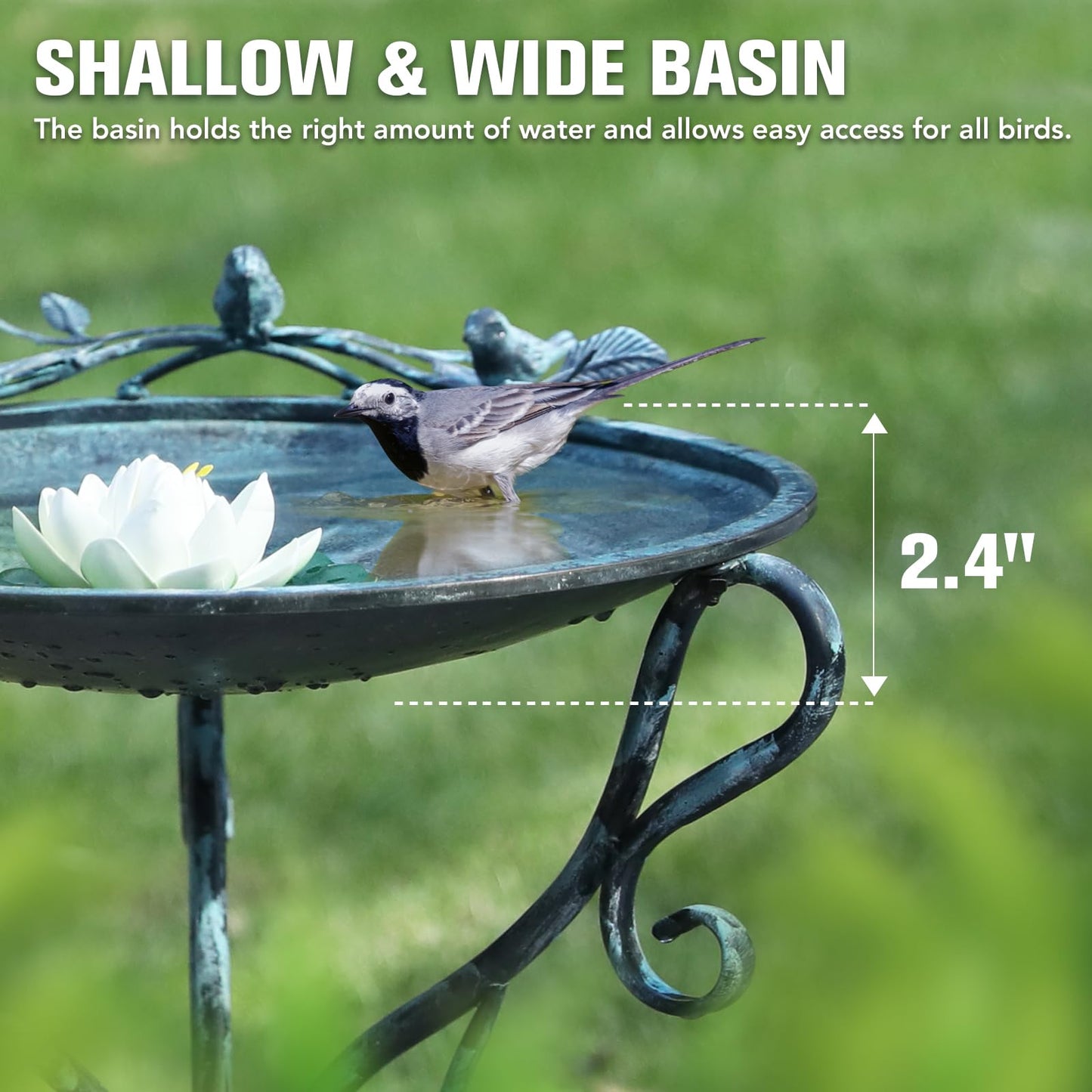Solution4Patio 16.7" Metal Bird Bath with Perch - Rust-Resistant Outdoor Garden Decor, Shallow Wide Bowl & Foldable Stand for Birds/Plants