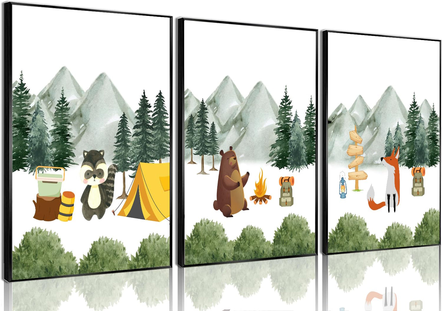3Pcs Woodland Animal Nursery Canvas wall art Cute Bear Fox Raccoon Poster Print Safari Nursery Wall Decor Forest Animals Camping Campfire pictuer painting Boys Kids Room Home Decoration12*16In Unframed