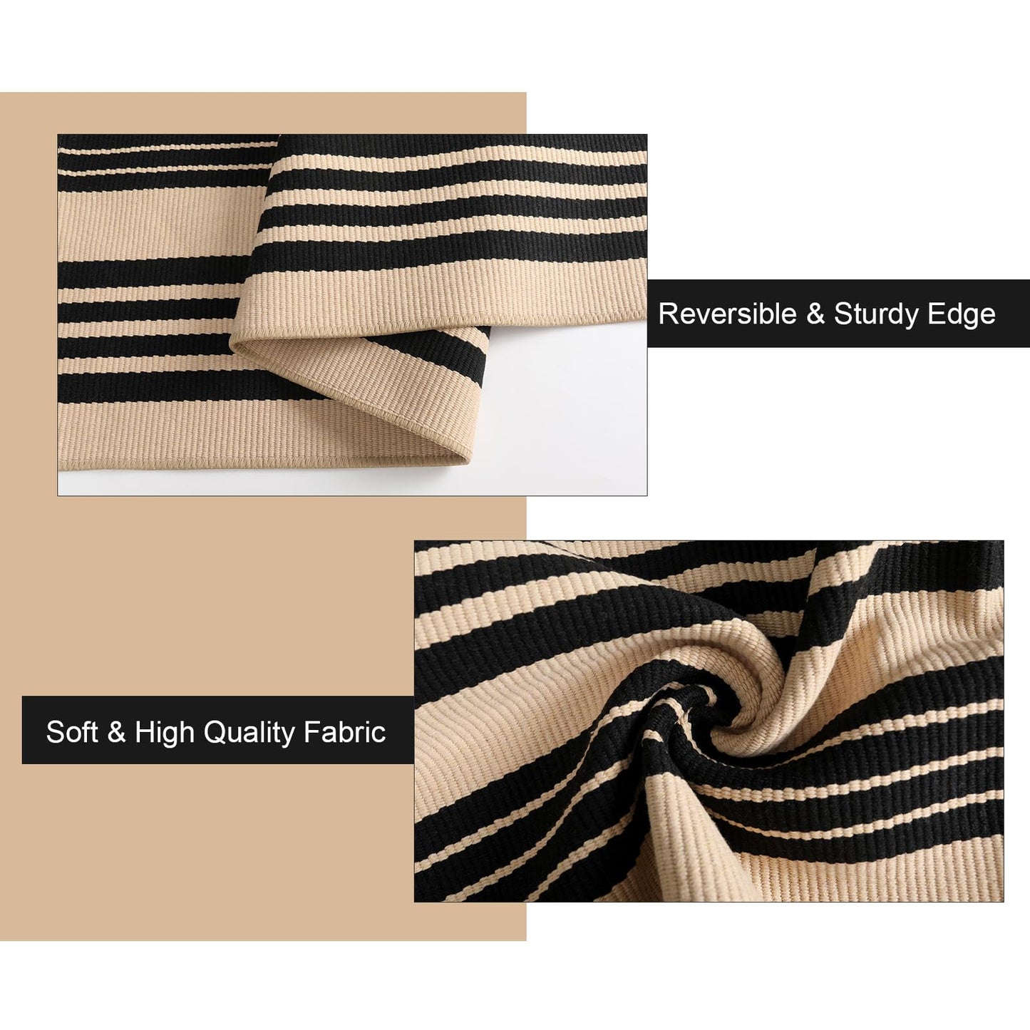 Sungea Black and Khaki Striped Rugs 3x5, Outdoor Cotton Hand Woven Front Door Mat,Washable Reversible Layered Door Mats, Foldable Front Porch Rug for Entryway/Home Entrance/Farmhouse
