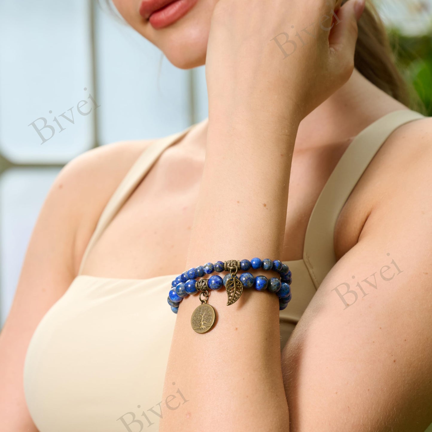 Bivei Natural Semi Precious Gemstone Beads Bracelet for Women - Life Tree and Leaf Charm Chakra Energy Anxiety Stretch Bracelets(Lapis Lazuli Bracelet Set)