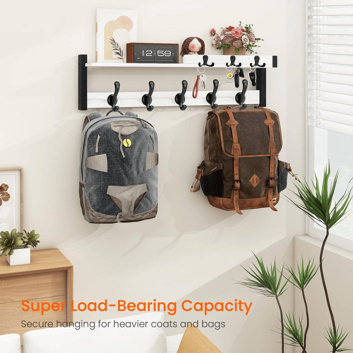 Homode Coat Rack Wall Mount, 29" Modern Floating Shelf with Key and Mail Holder, Wooden Entryway Hanging Shelf with Hooks and Storage for Hat Towel Jacket Purse Backpack Dog Leash, White