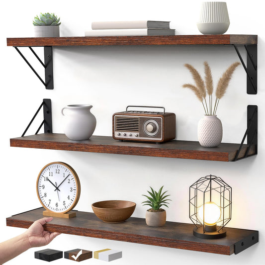 BAYKA 23-in Floating Wall Shelves, Rustic Wood Wall Shelves for Bedroom, Bathroom, Kitchen & Living Room, Display Shelf for Books, Plants & Decor (Rustic Brown)