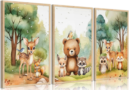 3Pcs Woodland Animal Nursery Wall Art Forest Animal Wall Decor Cute Watercolor Deer Bear Fox Poster Canvas Prints Paintings Pictures Artwork for Kids Baby Bedroom Decor Unframed Poster 12X16in