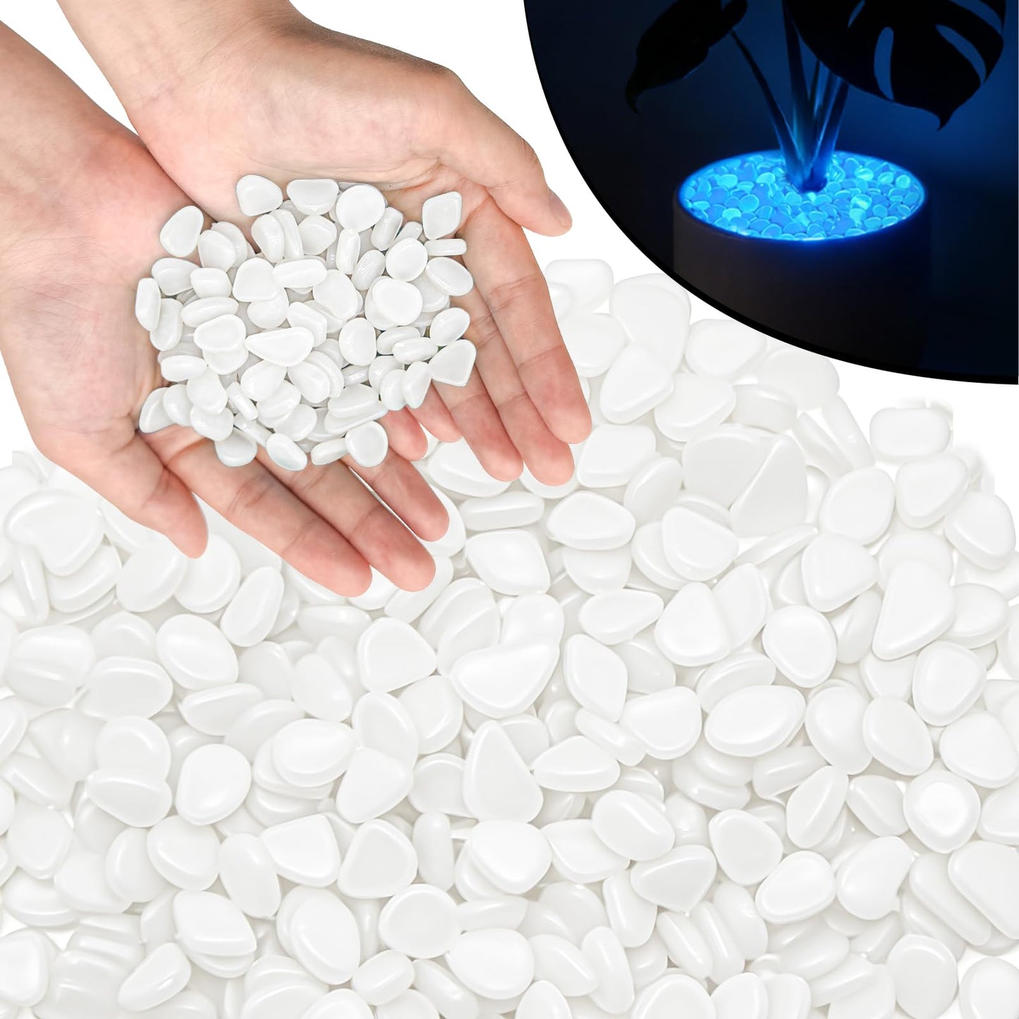 PoYang 1000pcs Glow in The Dark Rocks Outdoor - White Resin Glowing Pebbles for Landscaping, Garden, Fish Tank and Aquarium Indoor Decor, Powered by Sunlight or Lamplight (0.4"-0.7"/pc, 1.2lbs/Bag)