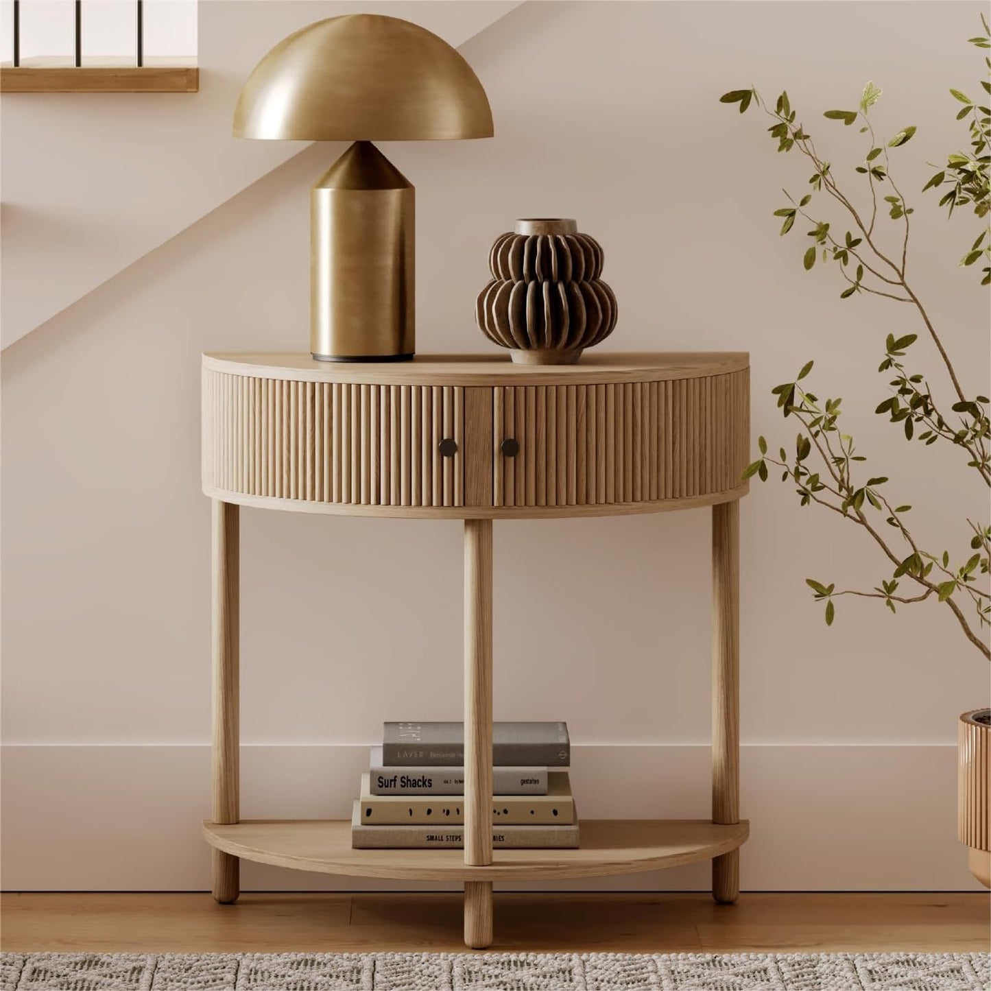 Stead Fluted Half Moon Shaped Console Table, Small Entry Desk, Living Room Furniture, Modern Home Decor, Solid Wood Entryway Table with Two Doors and Black Knobs (Natural Oak)