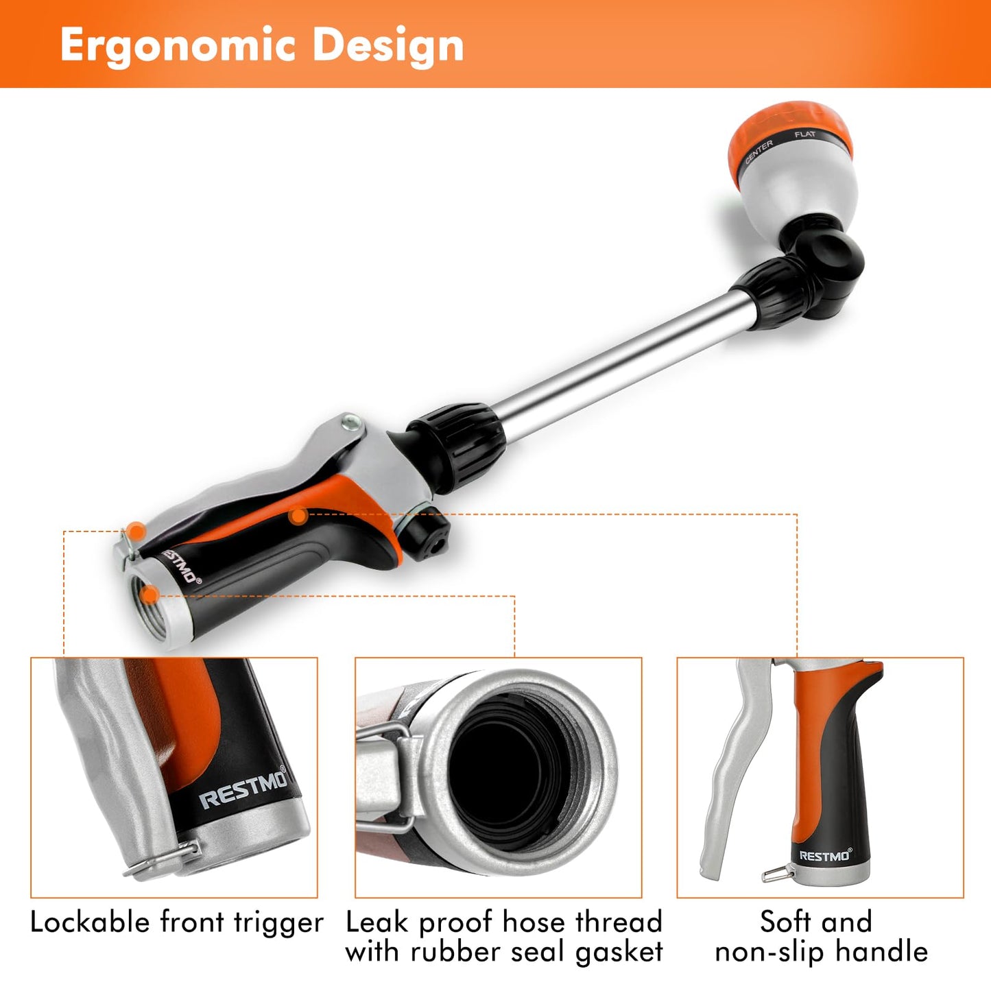 RESTMO Metal Watering Wand, Heavy Duty Garden Hose Wand with 180° Swivel Ratcheting Head, 16'' Hose Nozzle Sprayer with 7 Spray Patterns and Flow Control, for Water Hanging Baskets and Shrubs, Orange