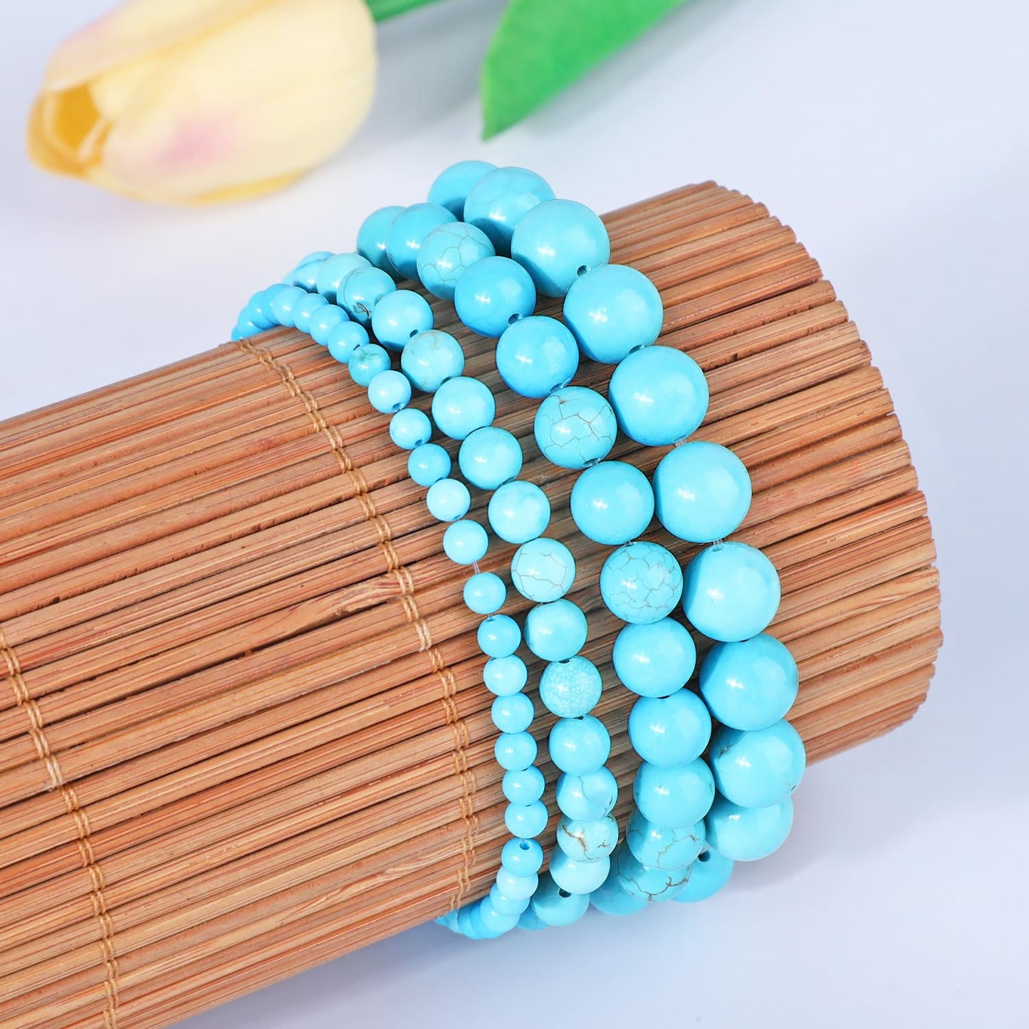 AD Beads 6mm Handmade Blue Turquoise Elastic Bracelet – Natural Gemstone for Great Wisdom – Meditation, Yoga, Healing and Energy Gift for Men Women