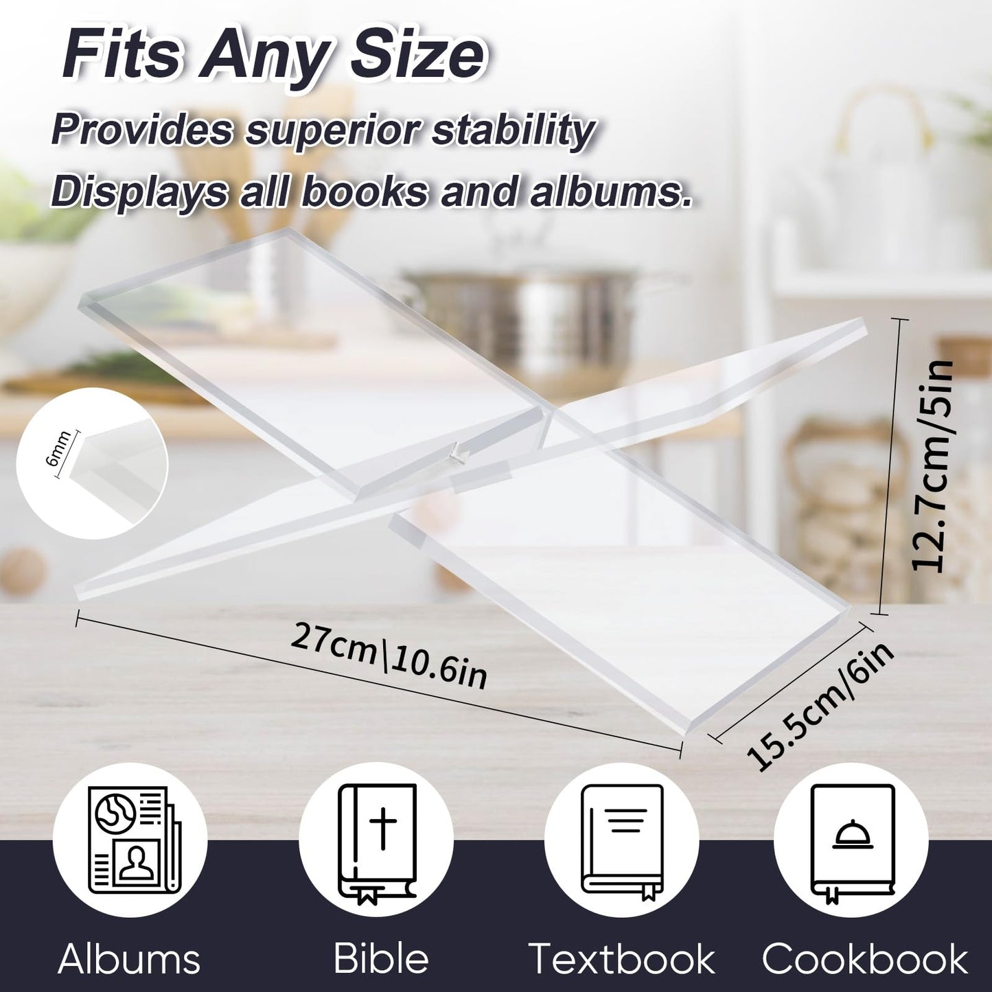 CRIKELE Acrylic Book Stand Holder - Coffee Table Book Stand,Open Cookbook Acrylic Book Display Stand,Magazines Clear Holder,Reading Stand for Open Book Magazines, Textbooks