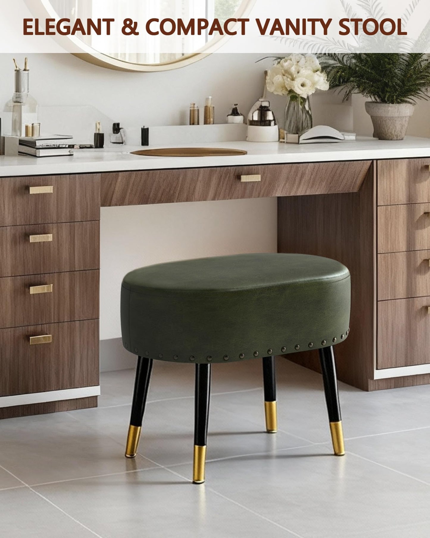 LITZFUR Vanity Stool Chair for Makeup, Pu Leather Oval Footrest, Vintage Rivet Ottoman Bench with Metal Legs, Dressing Stool for Batheroom, Living Room, Entryway, Green