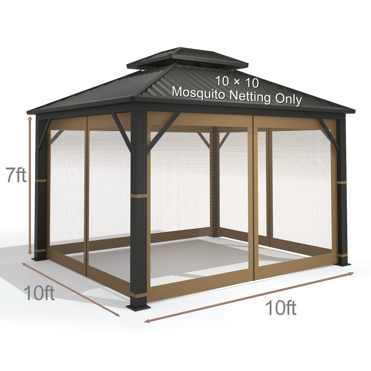 Gazebo Universal Replacement Mosquito Netting – Hugline 10' x 10' Outdoor Mesh Netting Screen 4-Panel Sidewall Curtain with Zipper (Khaki)