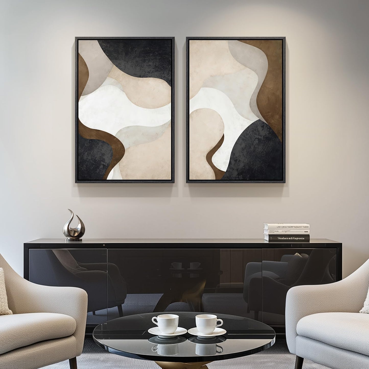 Framed Neutral Abstract Minimalist Wall Art Set of 2, Modern Canvas Prints Paintings Artwork for Walls, Black Beige Brown Abstract Art Pictures for Bedroom Living Room Dining Room Wall Decor 16x24 In