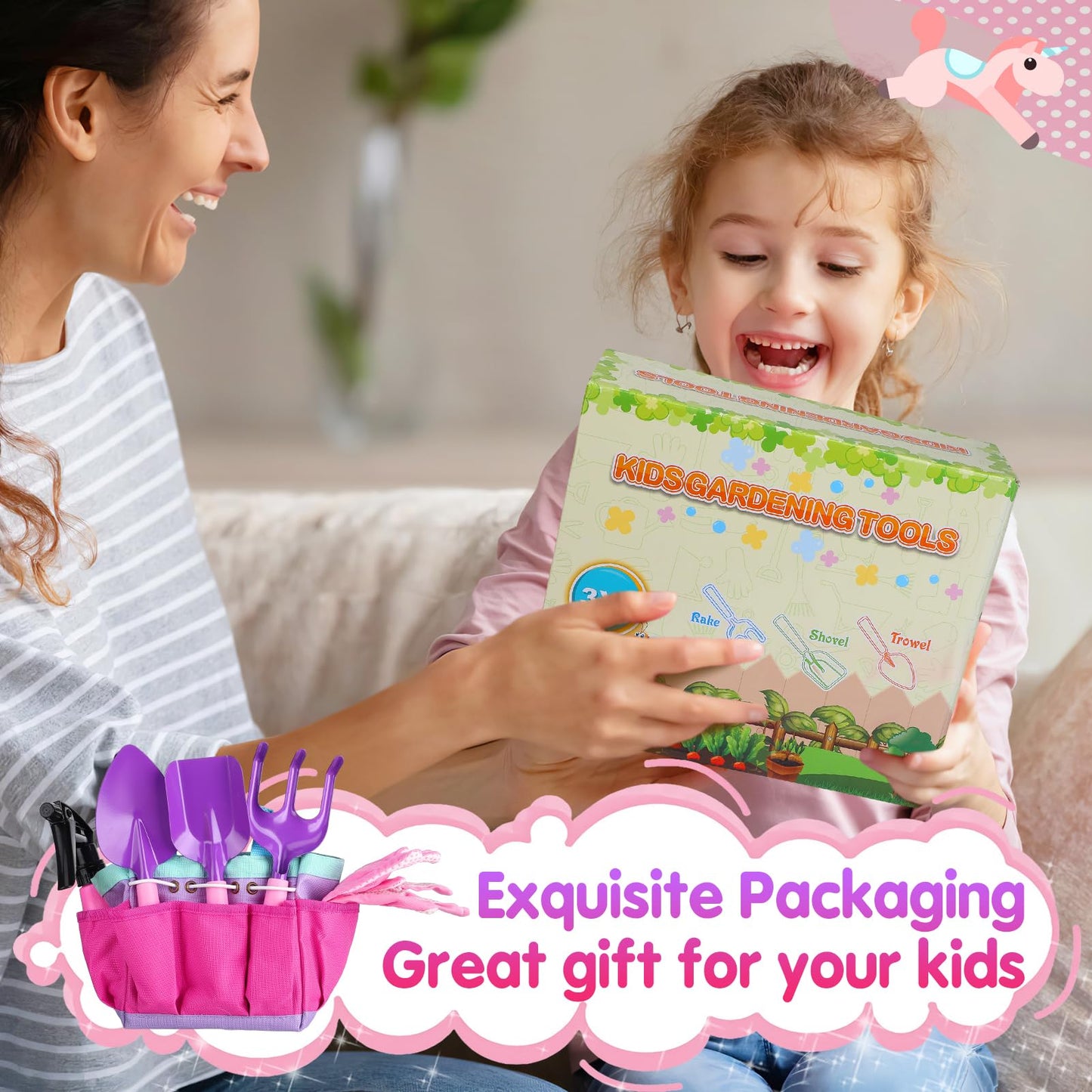 Kids Gardening Tool Set - Garden Tools for Kids with Shovel Trowel Rake Apron Gloves Watering Can and Tote Bag, Outdoor Toys Great Gifts for 3 4 5 6 7 8+ Years Old Girls (Unicorn Style)
