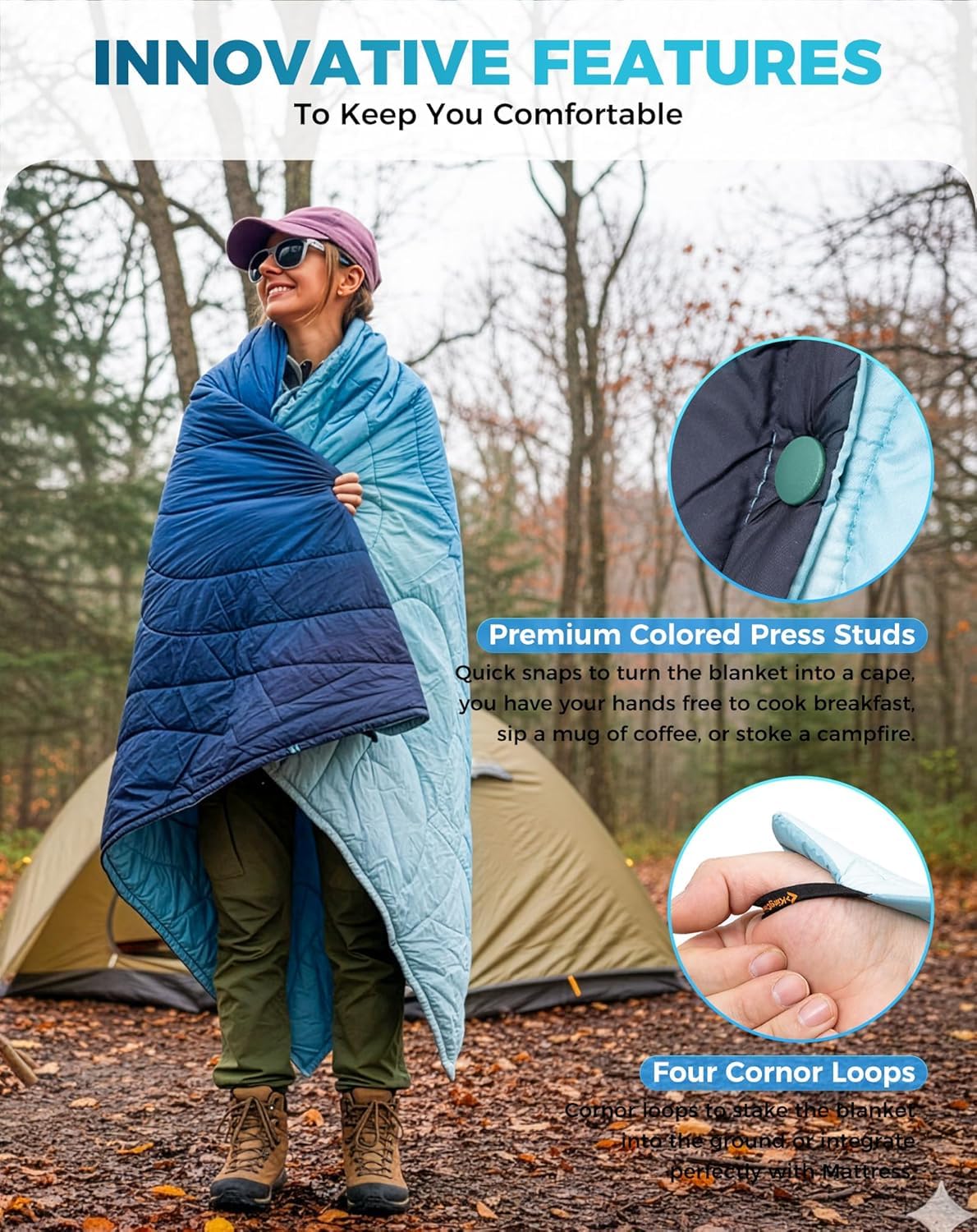 KingCamp Ultralight Camping Blanket, Packable Down Alternative Puffy Printed Wearable Blanket with Snap Buttons & Corner Loops Weatherproof Quilt for Outdoor Travel Stadium (78.7"L x 57.1”W, CYAN)