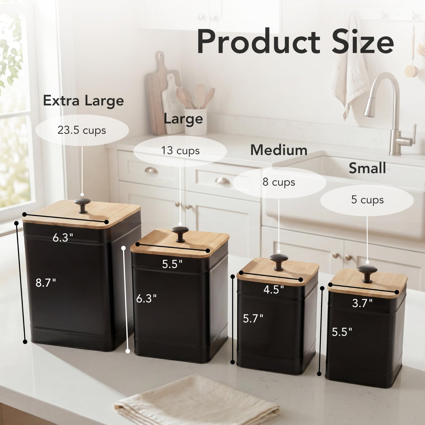 PERFNIQUE Kitchen Canisters, Airtight Canister Sets for Kitchen Counter, Kitchen Canisters for Countertop Set of 4, Coffee Tea Sugar Flour Spice Tin Jars Food Storage Container with Lid(Black)
