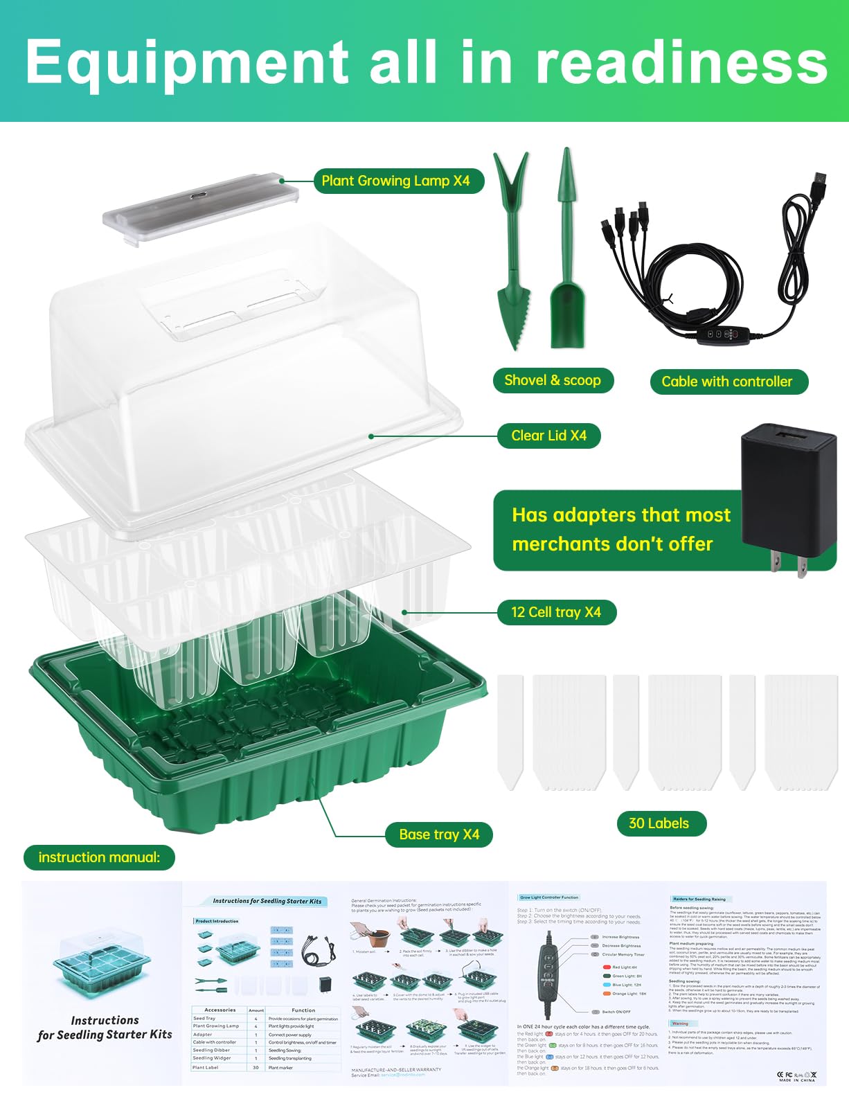 RODINTO Seed Starter Tray Medium Size 4 Packs, Seed Starter Kit with Upgraded 24 Full Spectrum LEDs, Adjustable Brightness and Timer, with Drainage Holes, Tools and Labels for Indoor Plant Growing