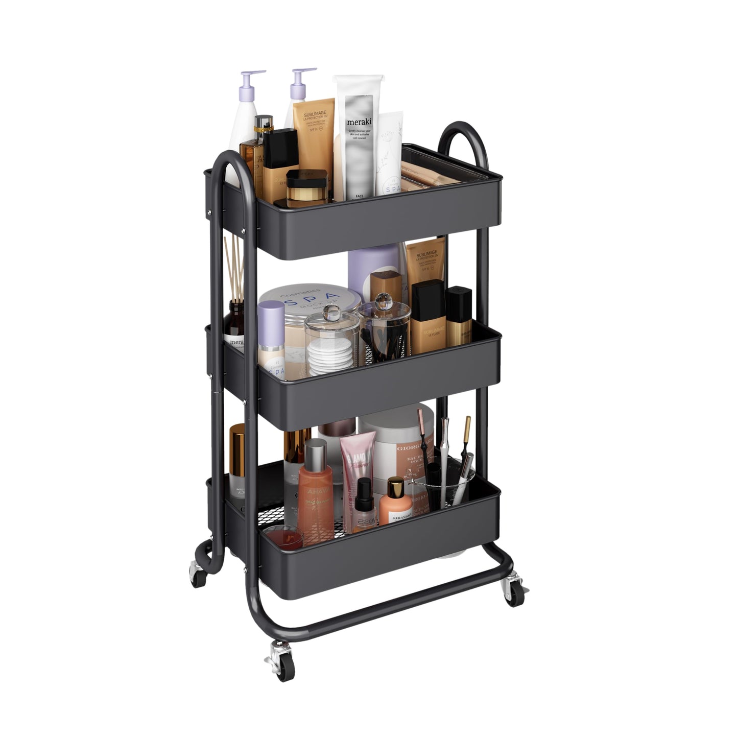 MIOCASA 3-Tier Metal Utility Rolling Cart, Heavy Duty Multifunction Cart with Lockable Casters, Easy to Assemble, Suitable for Office, Bathroom, Kitchen, Garden (Dark Gray, 3-Tier-Metal)