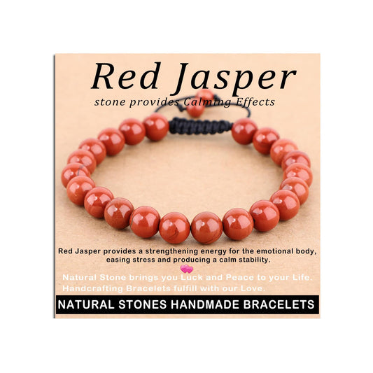 AD Beads 8mm Red Jasper - Stone Pepvodes Calming Effects - Handmade Natural Stone Crystal Bracelet with Adjustable Macrame String - Yoga Healing Power Energy Gifts for Men and Women