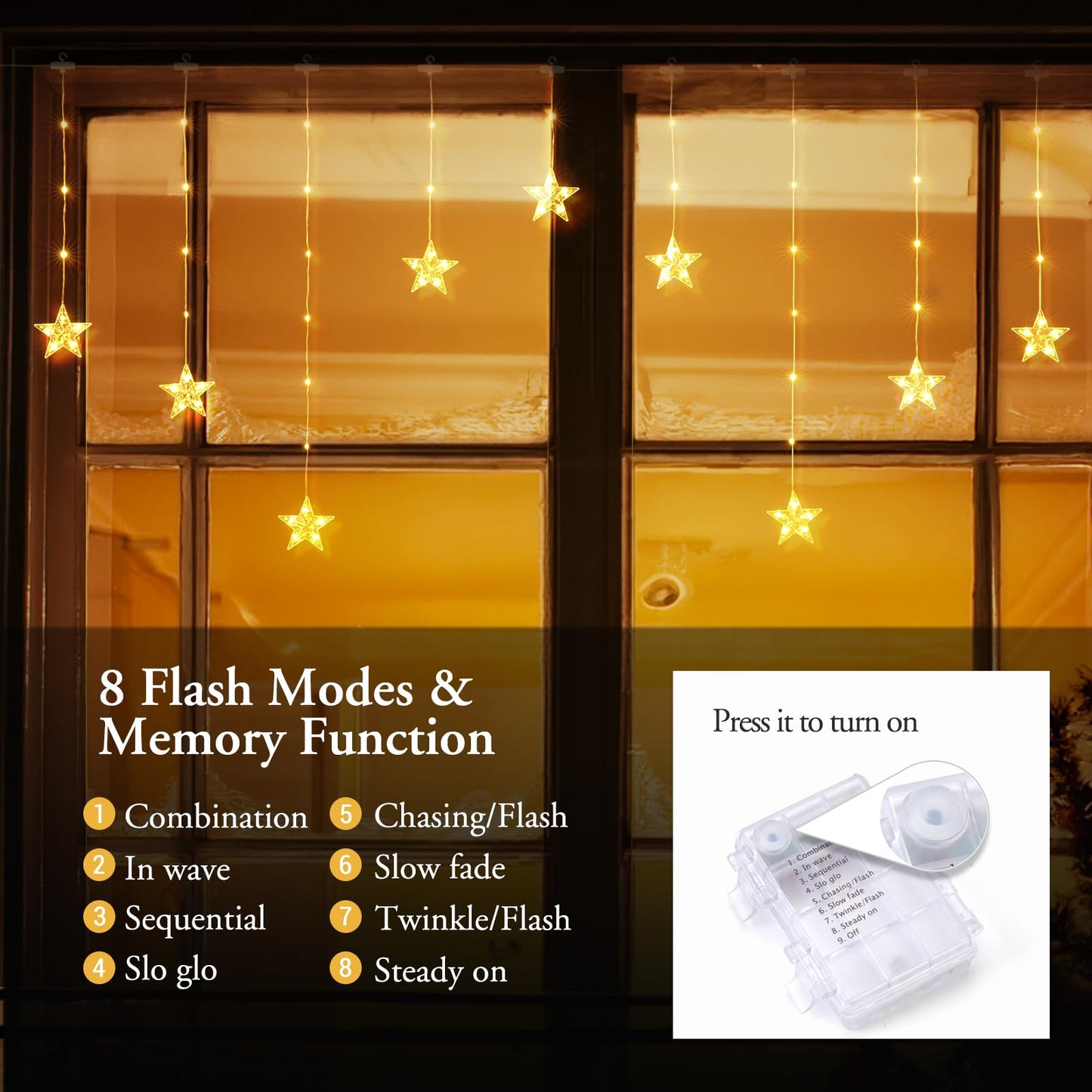 Quntis Star Christmas Window Lights, 76 LEDs 9 Stars Curtain Lights Battery Operated with Timer, 8 Mode Xmas Hanging Window Decorations Lights Indoor Backdrop for Bedroom Wall, Warm White
