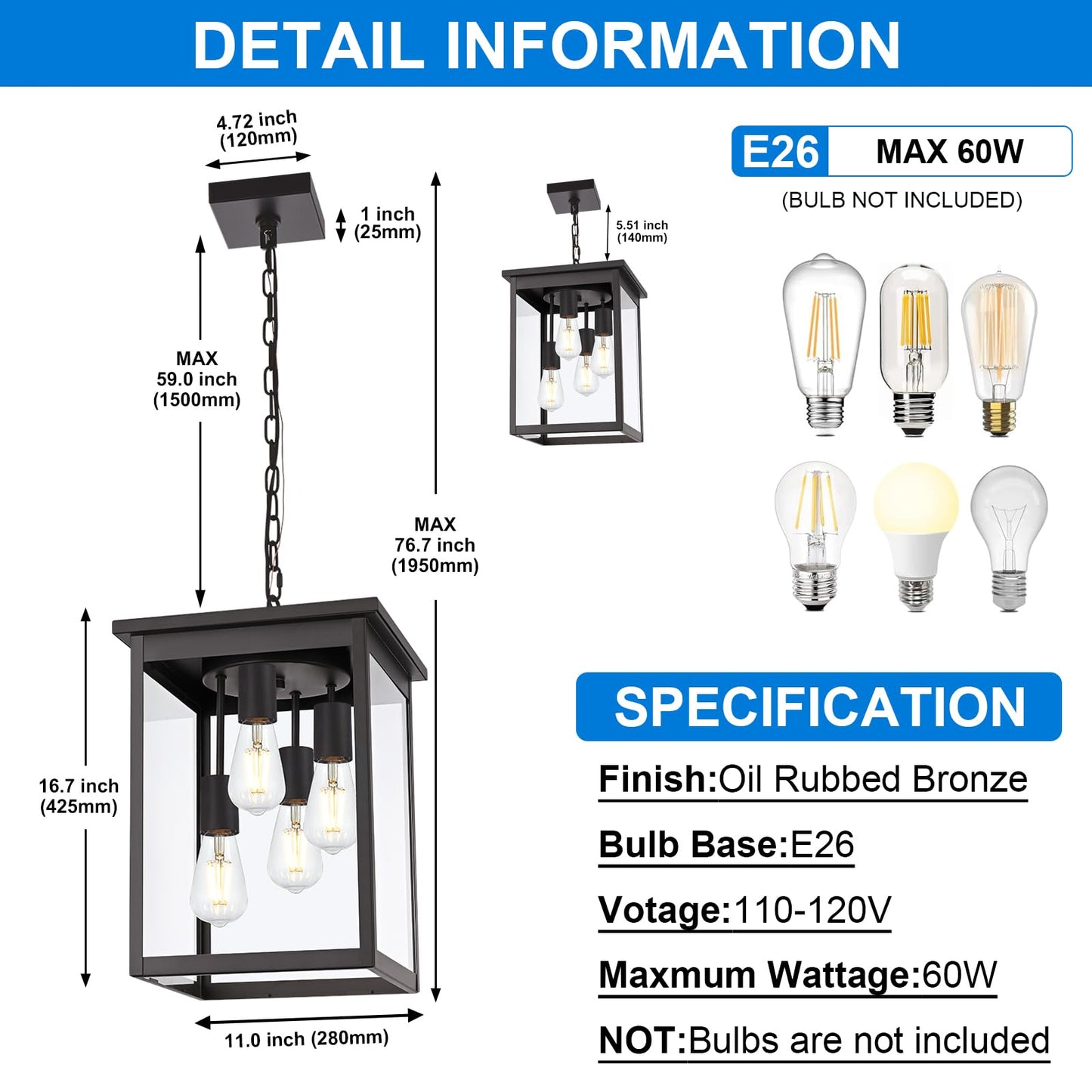 TULUCE 4-Light Large Outdoor Pendant Light Fixtures Oil Rubbed Bronze, Adjustable Height Outdoor Ceiling Light, Exterior Hanging Light Fixture for Patio Yard Front, E26 Base Hanging Porch Light