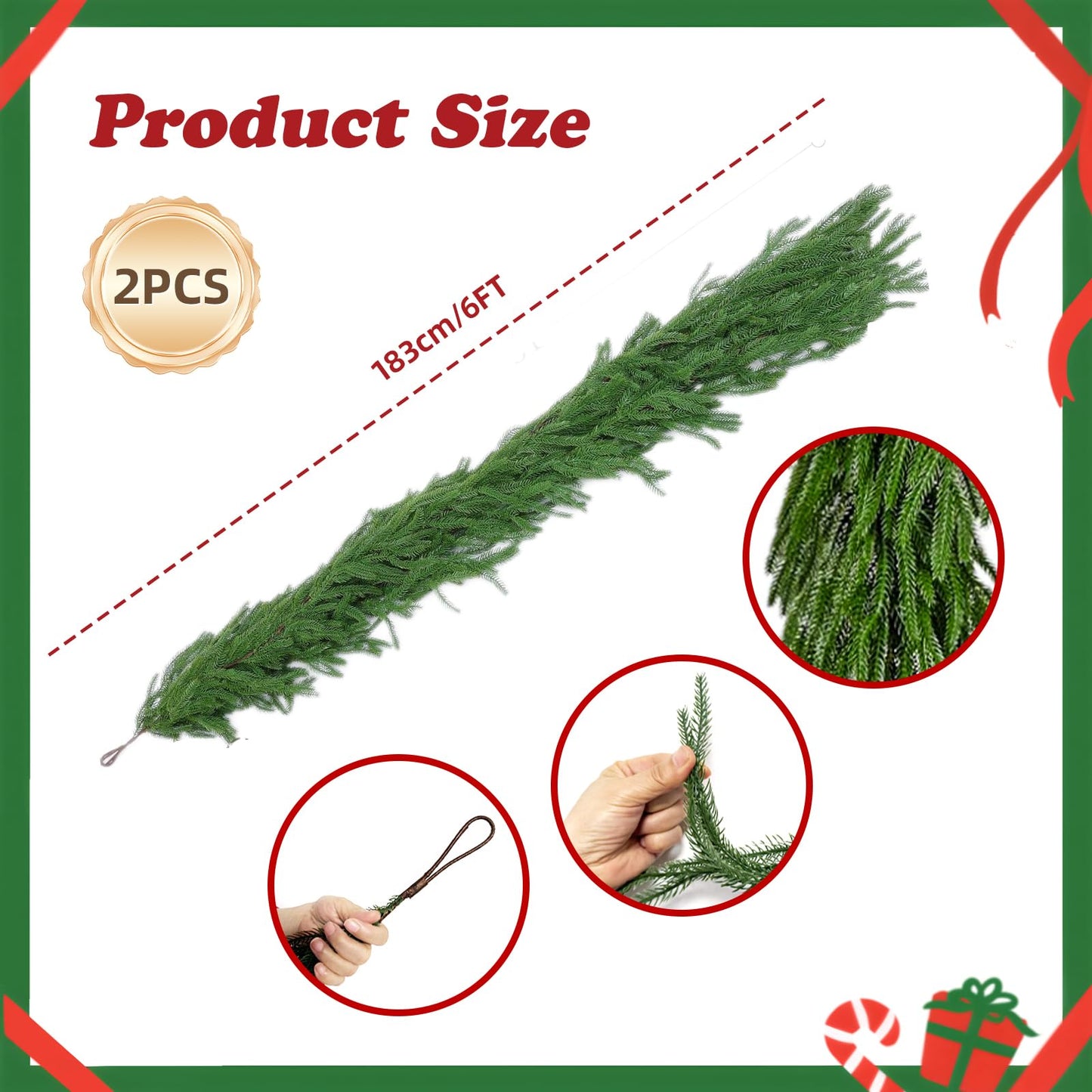 SEHAUSEU 6FT 2 Pcs Norfolk Pine Garlands, Realistic-Feel Christmas Cedar Garland with Thick & Soft Texture, Suitable for Mantels/Tables/Staircases/Door Frames, Christmas Decorations