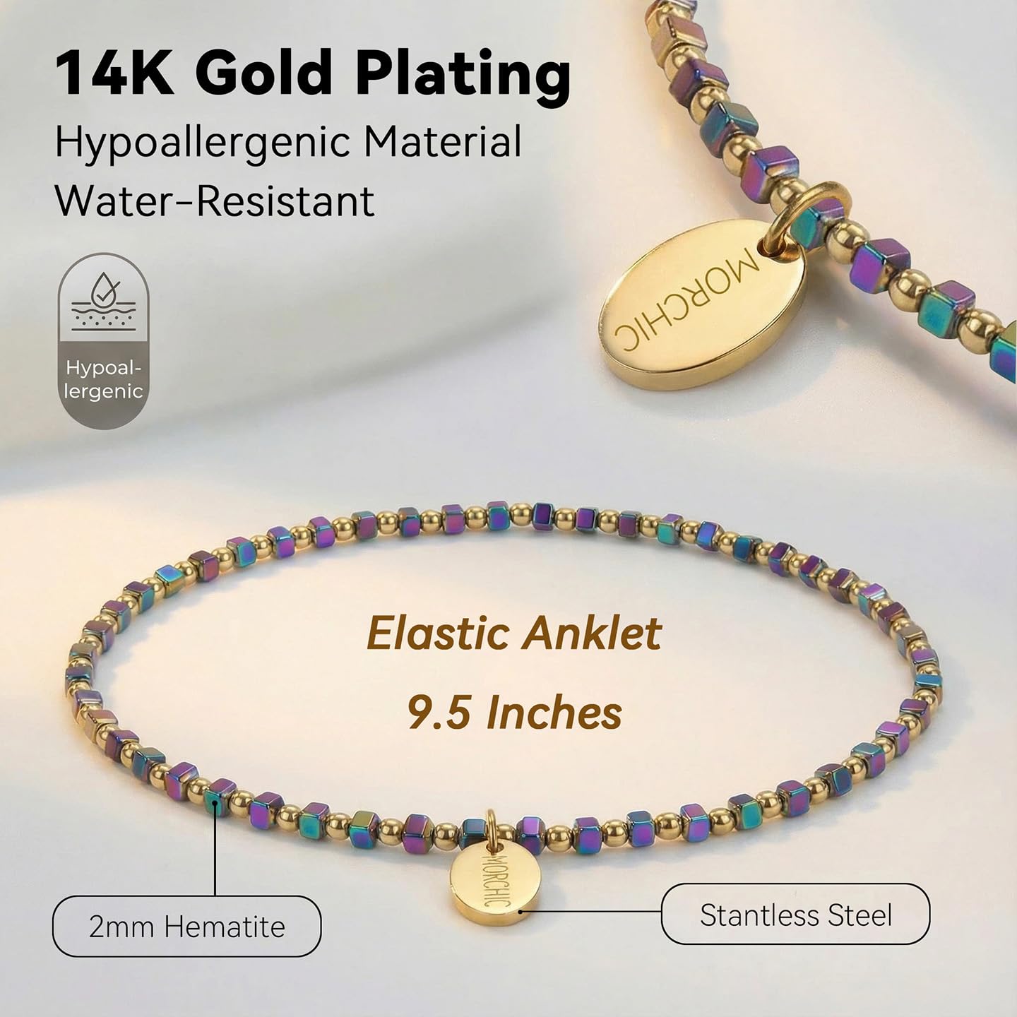 Morchic Womens Rainbow Hematite Anklet, Gold Plated Brass Beads Handmade Foot Chain, Elastic Beach Chakra Jewelry 9.5" (Ank-4)