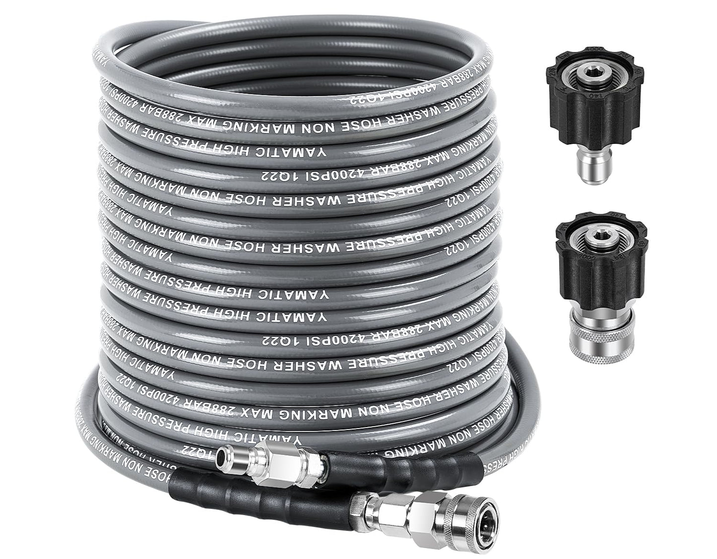 YAMATIC 1/4" ID Pressure Washer Hose 100FT with Stainless Steel Swivel 3/8" Quick Connect, 3/8" x M22-14mm Adapters, Non-Marking 4200PSI Steel Wire Braided Replacement for Hot/Cold Water Power Washers