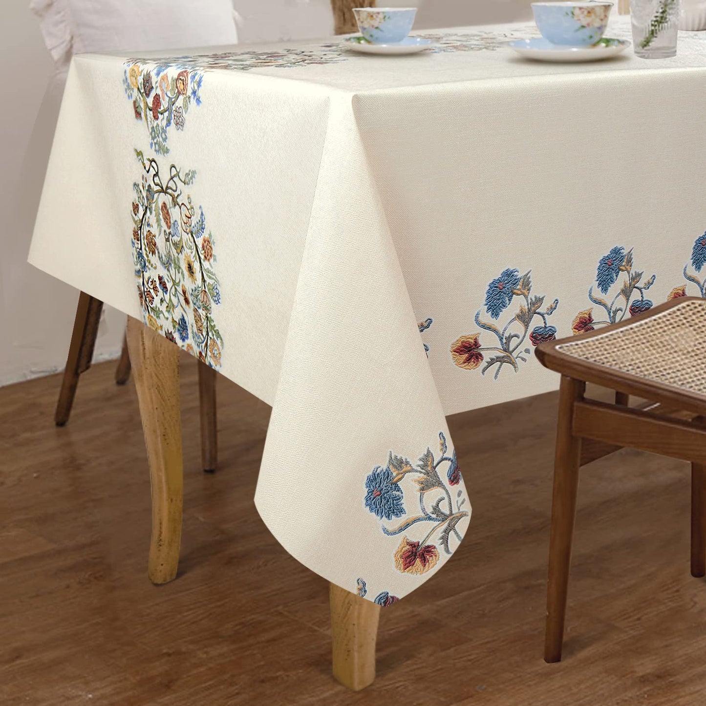 AIRCOWRIE Waterproof Vinyl Tablecloths, Heavy Duty Oil Proof Spill Proof Plastic Table Cloth, Wipe Clean PVC Table Cover for Spring Indoor and Outdoor Use (Embroidery Flower, 54”×78”, Rectangle)