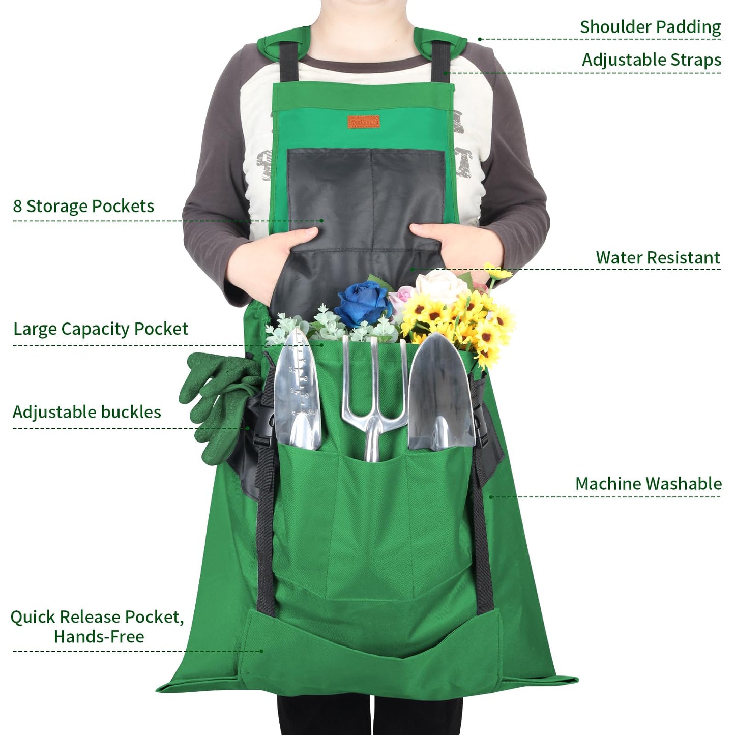 Garden Harvest Apron, Patioland Green Adjustable Fruit Picking Apron w/Bottom Release Pocket,Gardening Apron with Gloves for Women & Men, Fruit Picking and Foraging Apron for Gardeners,Gardening Gifts