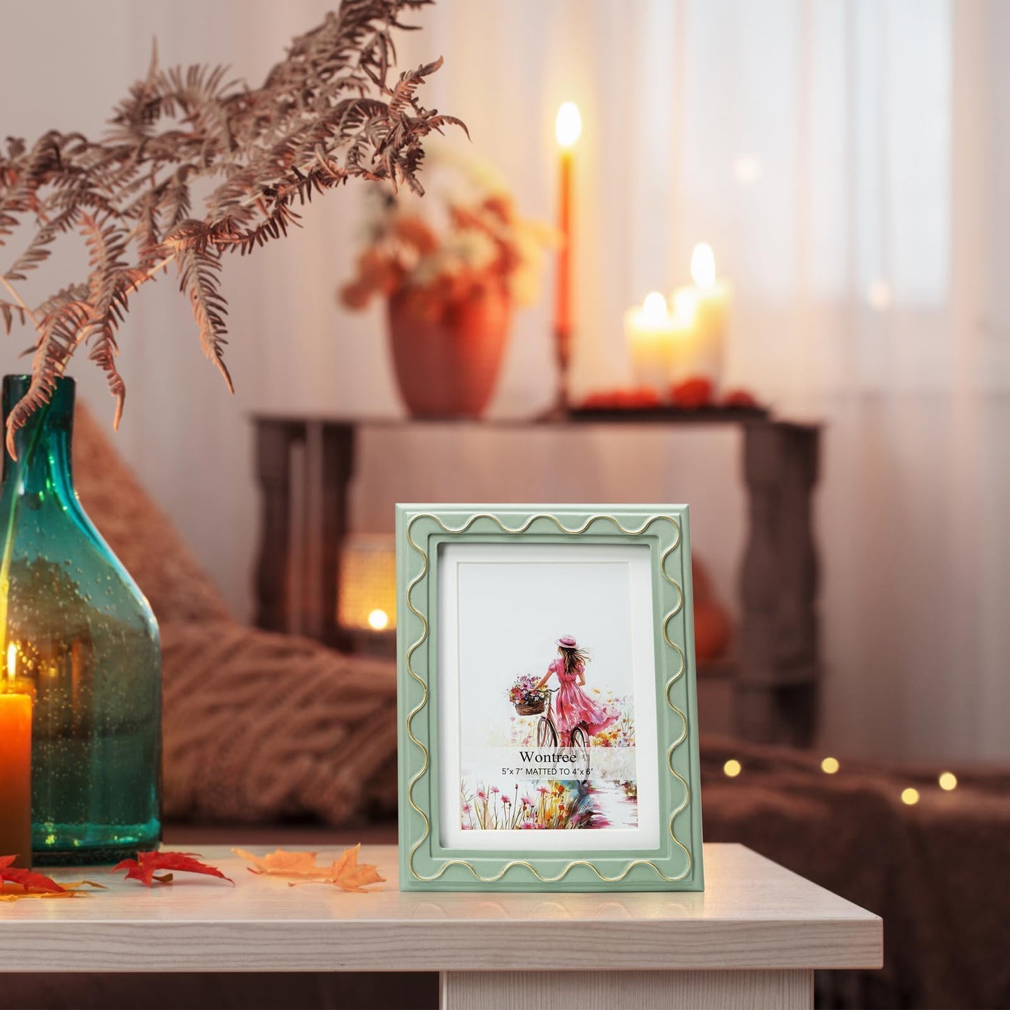 Wontree 5x7 Picture Frame, Shinning Gold Swirls Against Sage-like Green, Resin Frame with Real Glass, Display 5x7 Photos Matted to 4x6, Vertical and Horizontal Desk Tabletop or Wall Hanging