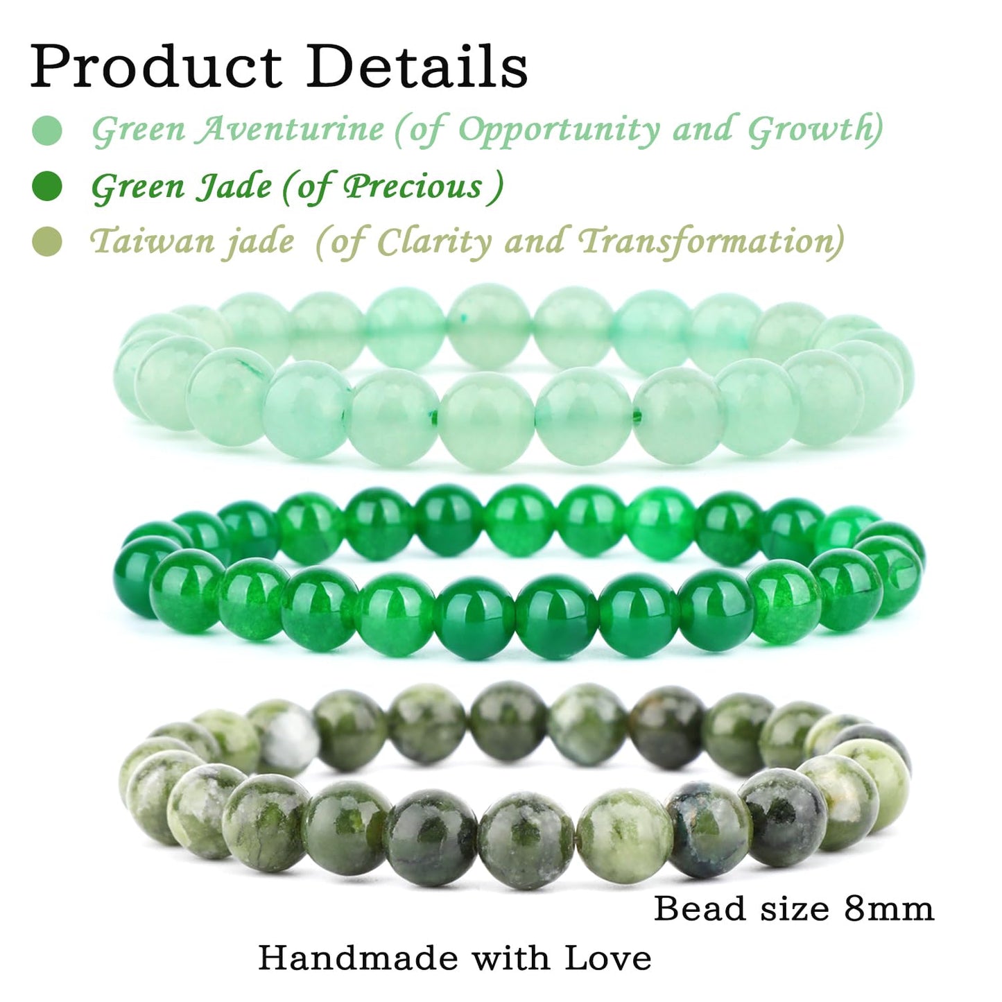 CMBYN 3-Pieces 8mm Natural Crystal Gemstone – ﻿Green Jade, Green Aventurine, Taiwan Jade Handmade Reiki Energy Healing Stretch Bracelets Jewelry for Yoga, Meditation, Unisex