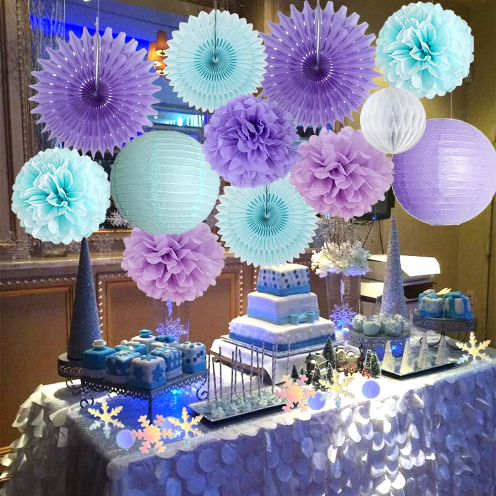 Winter Wonderland Decorations Snowflake Fans Blue Purple White Winter Birthday Bridal Shower Baby Shower Decorations with Confetti Table for Wonderland Snowflake Engagement Wedding Bachelorette Party