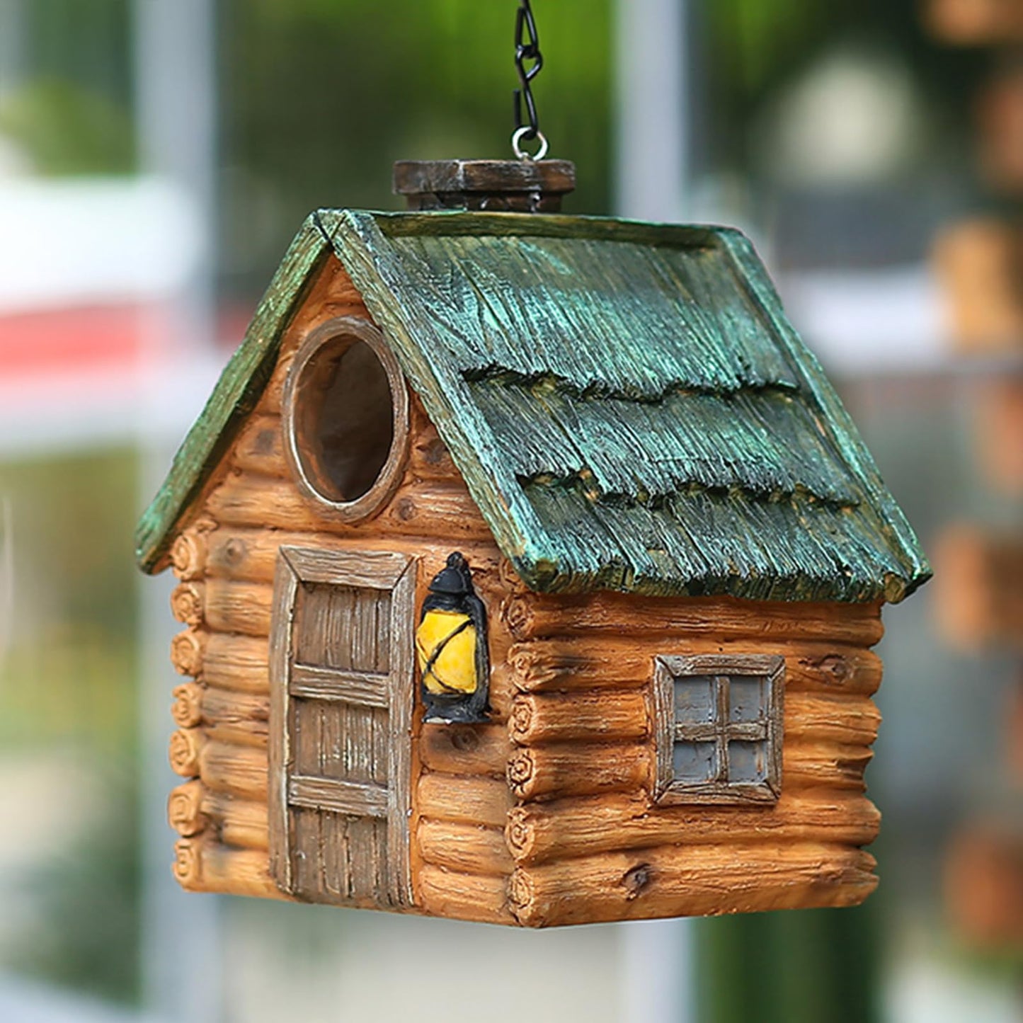 Bird Houses for Outside Real Wood-Look Resin Bird House with Hanging Chain – Waterproof & Durable Forest Birdhouses for Outdoors for Bluebird Finches Cardinals Bird Nesting Garden, Patio, Yard