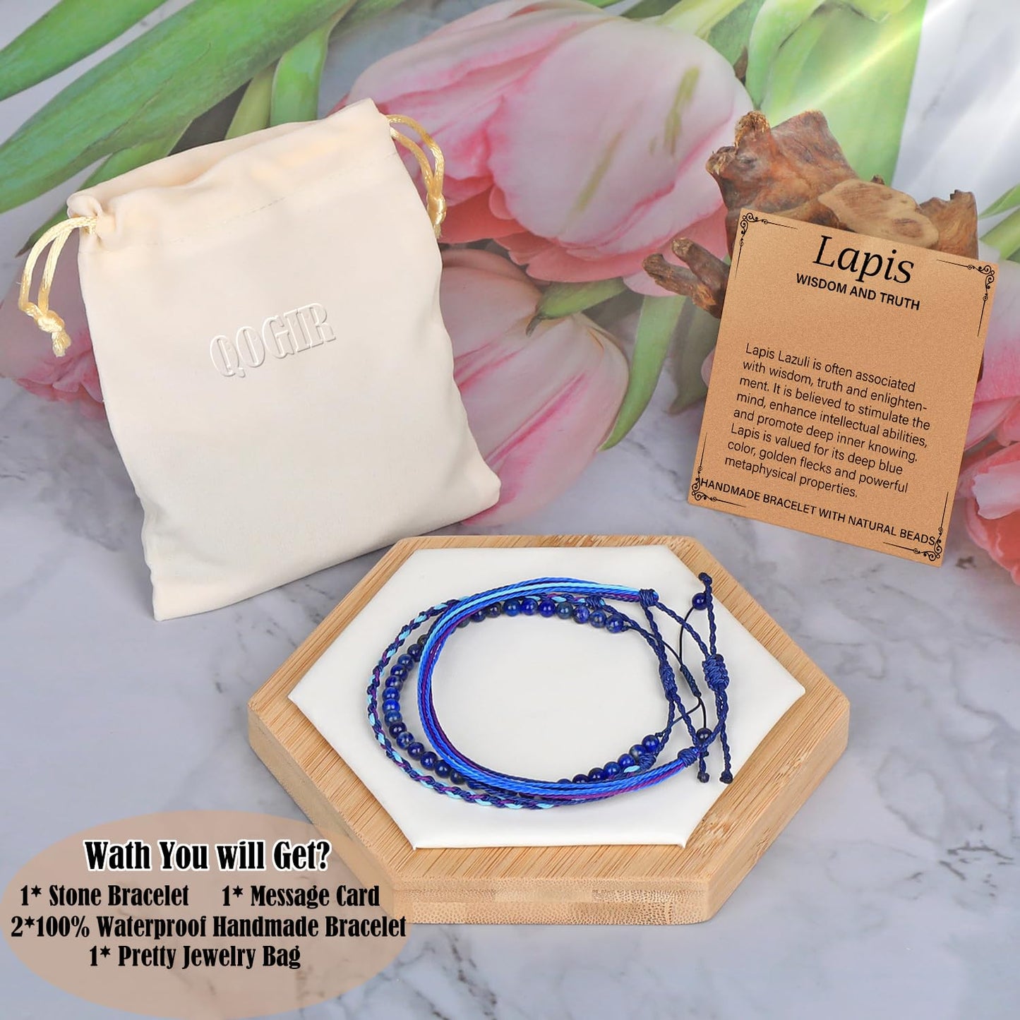 QOGIR Handmade Healing Bracelets for Women,4mm Natural Lapis Lazuli Gem Stone Beads Bracelet,for Men Women Gifts with 2PCS Size Adjustable Rope Bracelets