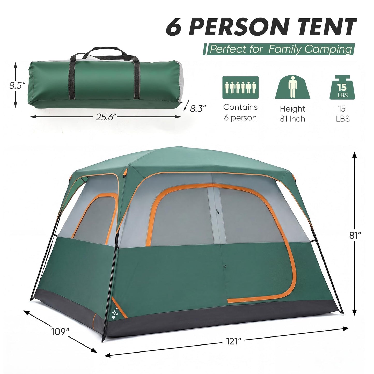 OLIXIS 6 Person Camping Tent, 81in Tall Waterproof Windproof Tent with Double Layer, Large Mesh Windows & Carry Bag, Quick Setup for Family Outdoor, Backpacking, Hiking, Green