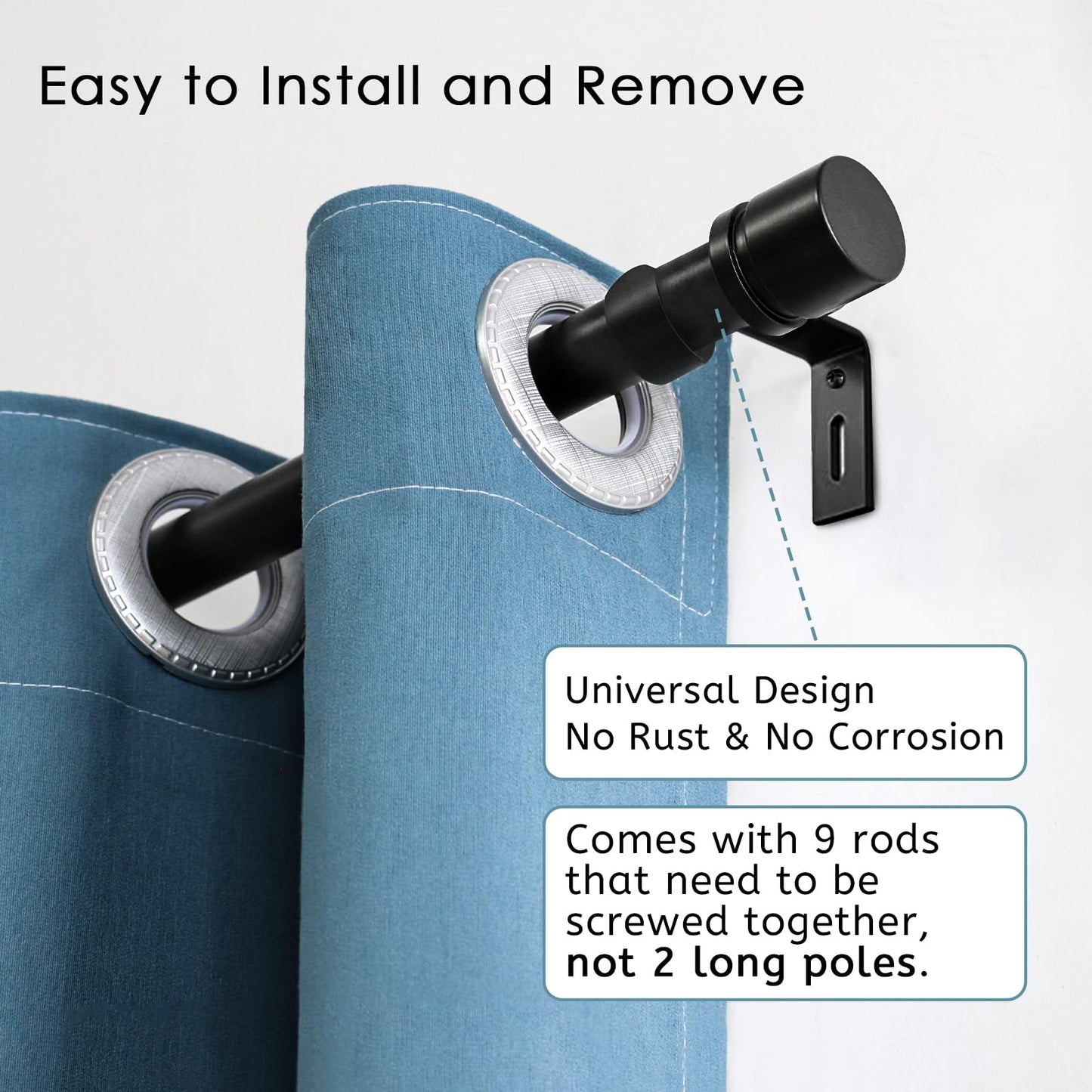 Byondeth Curtain Rods for Windows 16 to 144 Inches Adjustable Length 1 Inch Diameter Window Curtain Rod with Aluminium Finials, Black