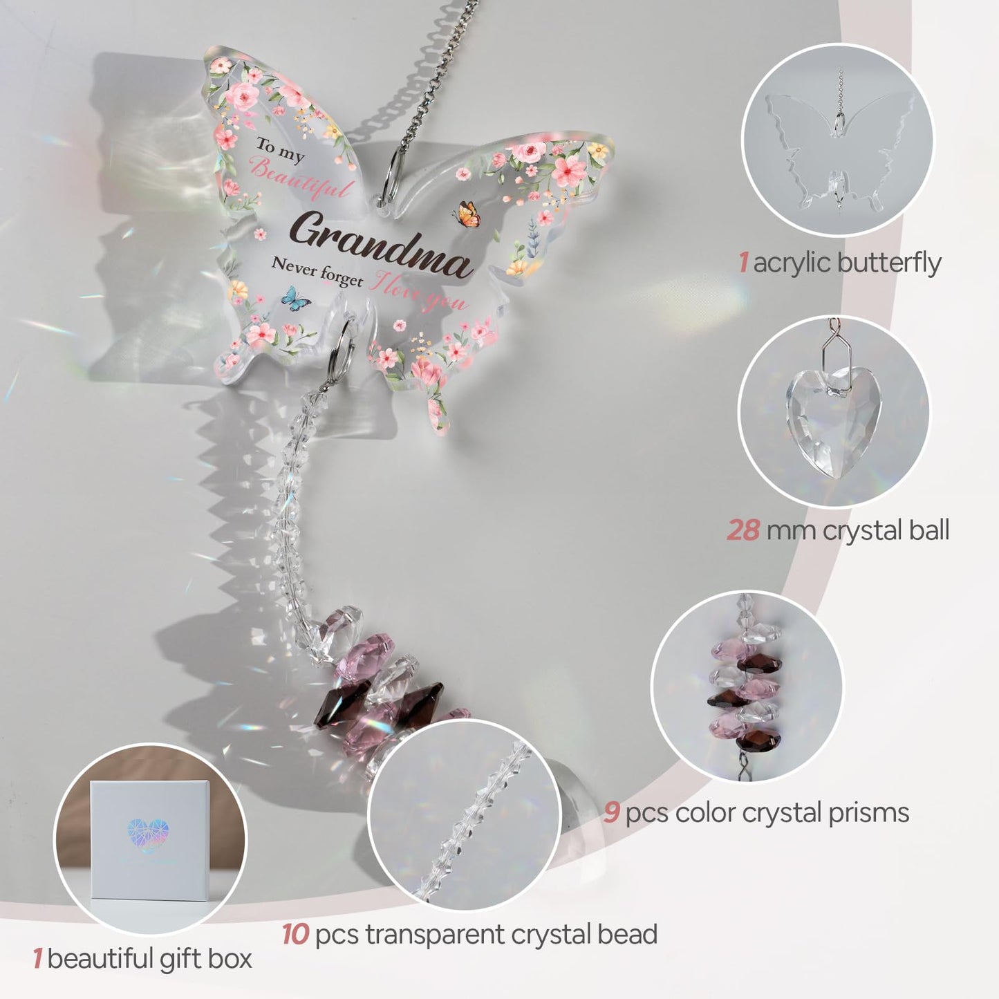 Gifts for Grandma for Mothers Day, Grandma Birthday Gifts, Grandma, Gift for Grandmother Crystal Suncatcher, to My Grandma's Present Hanging Butterfly Crystal Suncatcher Ornament