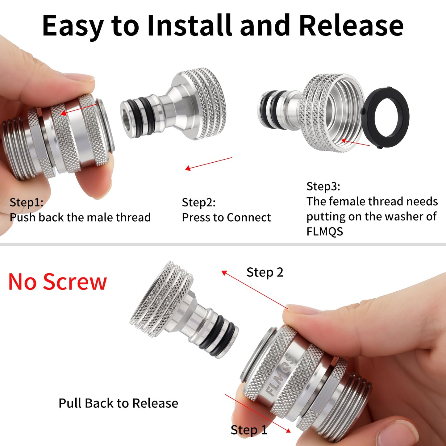FLMQS Garden Hose Quick Connector - 3/4" GHT Solid Stainless Steel Water Hose Quick Connect, Leak-Proof Male & Female Fittings(3 Set)