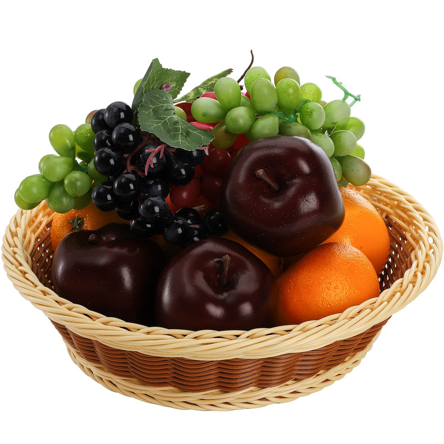Yarlung 3 Pack Woven Bread Baskets, Plastic Wicker Fruit Baskets 11.5 Inch Round Imitation Rattan Basket, Stackable Food Serving Holder for Kitchen, Restaurant, Outdoor, Brown & Beige