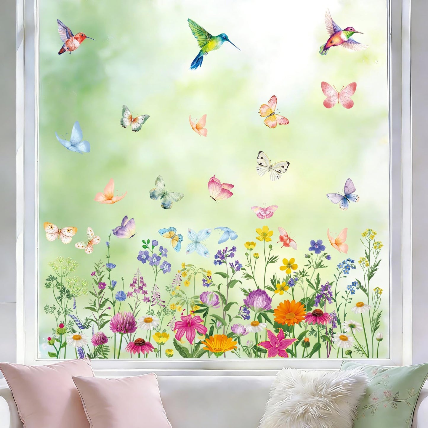 AhfuLife 9 Sheets Spring Window Clings, Larger Spring Flower Floral Butterfly Bird Window Stickers for Glass, Home, Office, School Party Decoration Spring Theme Supplies