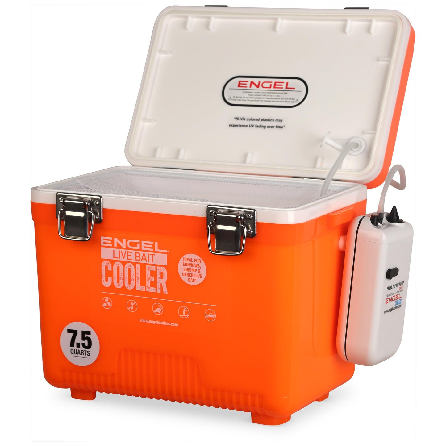 Engel 7.5qt Live Bait Cooler Box with 2nd Gen 2-Speed Aerator Pump - Portable Fishing Station & Minnow Bucket for Shrimp & Other Live Fish with Aerator - ENGLBC7-N-OHV in Orange High-Visibility