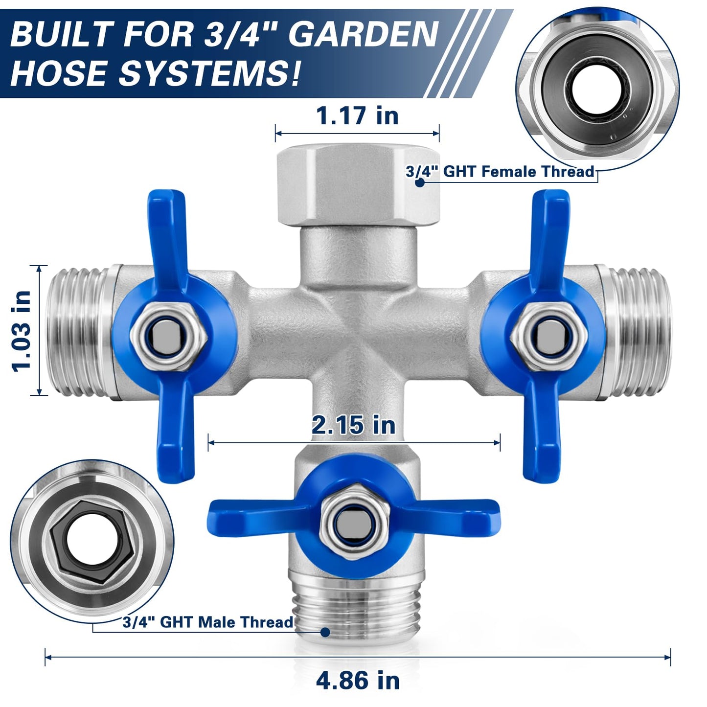 Cekwiet 304 Stainless Steel 3 Way Garden Hose Splitter, Heavy Duty Hose Splitter with 3 Shut-Off Valves, 3/4" GHT Outdoor Faucet Hose Adapter, Full Flow Water Hose Connector