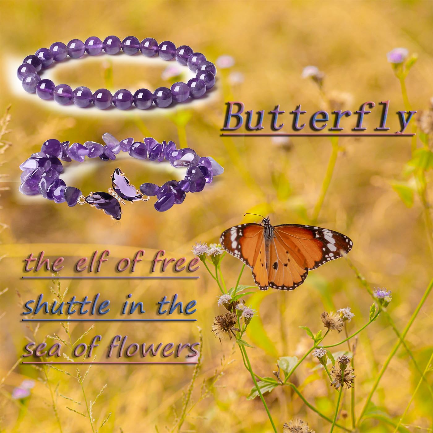 DUQGUHO Purple Bracelets for Women, Butterfly Bracelets for Women, Healing Anxiety Amethyst Bracelet, Butterfly Charms Crystal Jewelry Purple Gifts for Woman 2PCS