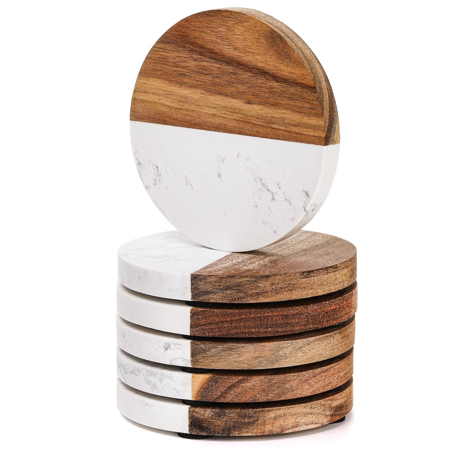ZENFUN 6 Packs Marble Wood Coasters, Round Coaster, Handcrafted Artificial Marble Coasters Set for Your Drinks and Beverages, Tea, Coffee, Wine/Bar Glasses, Tabletop Protection Helper