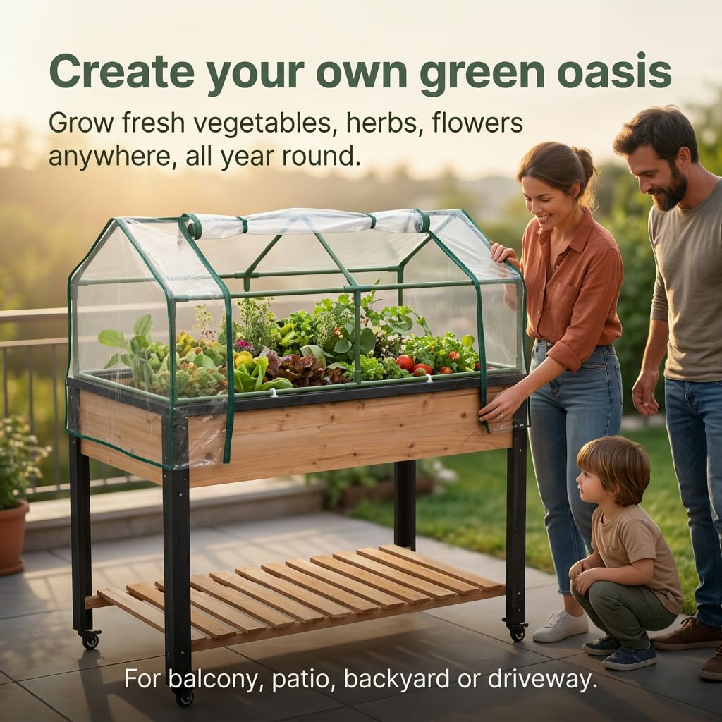 GOJ Raised Garden Bed Wood 48x24x32 inch with Greenhouse & Lockable Wheels - Elevated Wood Planter Box for Outdoors Vegetable Flower Bed Herb Planter - 400 lbs Capacity