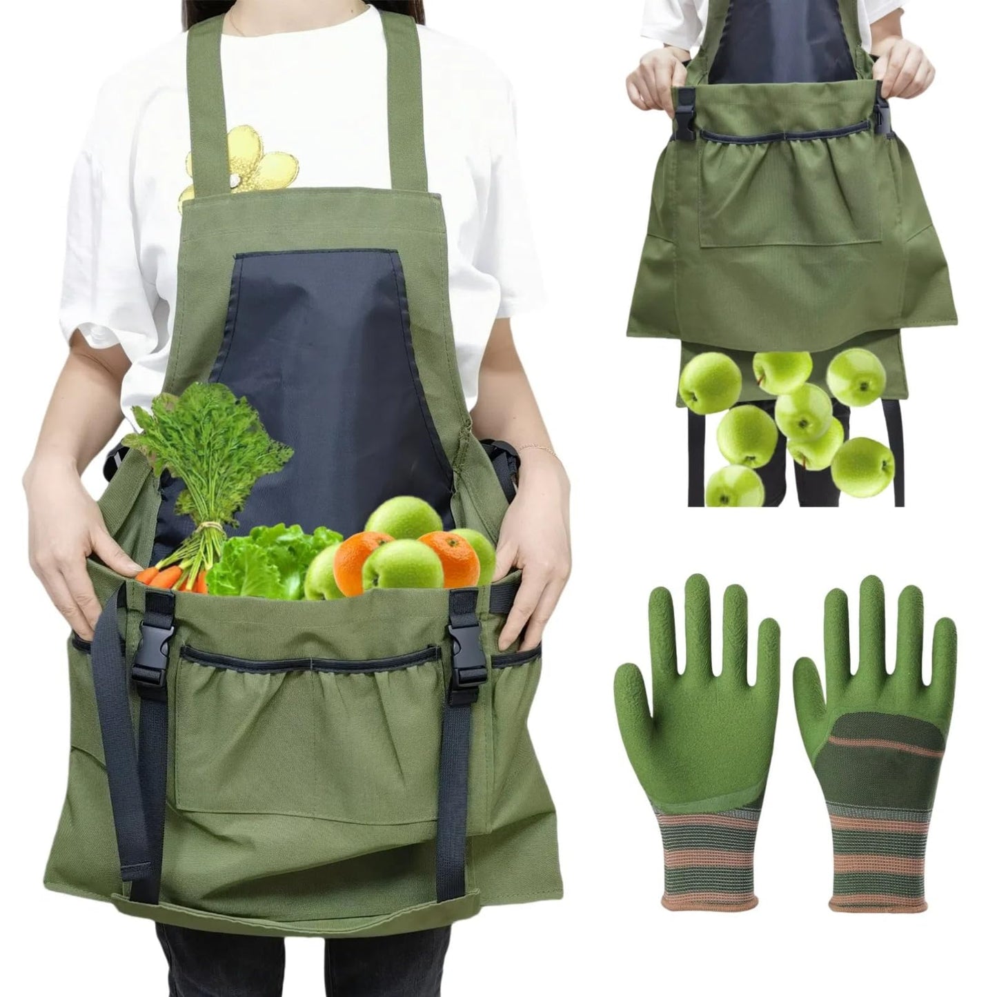 Silanit Garden Apron with Green Gloves-Adjustable Waist, Water-Repellent Gardening Apron with Pockets for Gardening and Kitchen Tasks